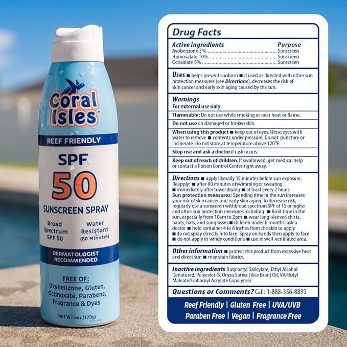 Coral Isles Sunscreen Spray SPF 50 - Hawaii Reef Safe Act Compliant - Oxybenzone & Octinoxate Free - Broad Spectrum - Water Resistant, 6 Fl Oz (Pack of 3)