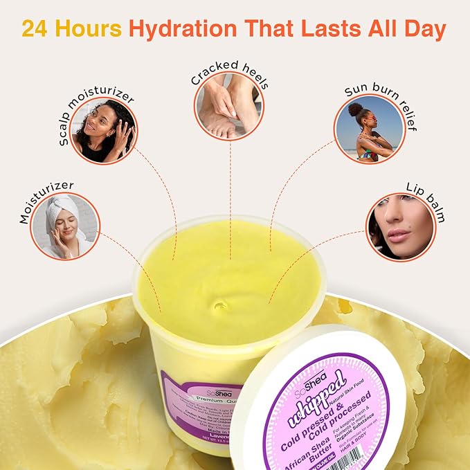 Whipped Shea Butter Lavender – 100% Pure Unrefined Raw African Shea Butter | Cold-Pressed & Cold-Processed | Rich Natural Moisturizer for Dry, Sensitive Skin & Conditions Hair | No Parabens | 11.5 oz