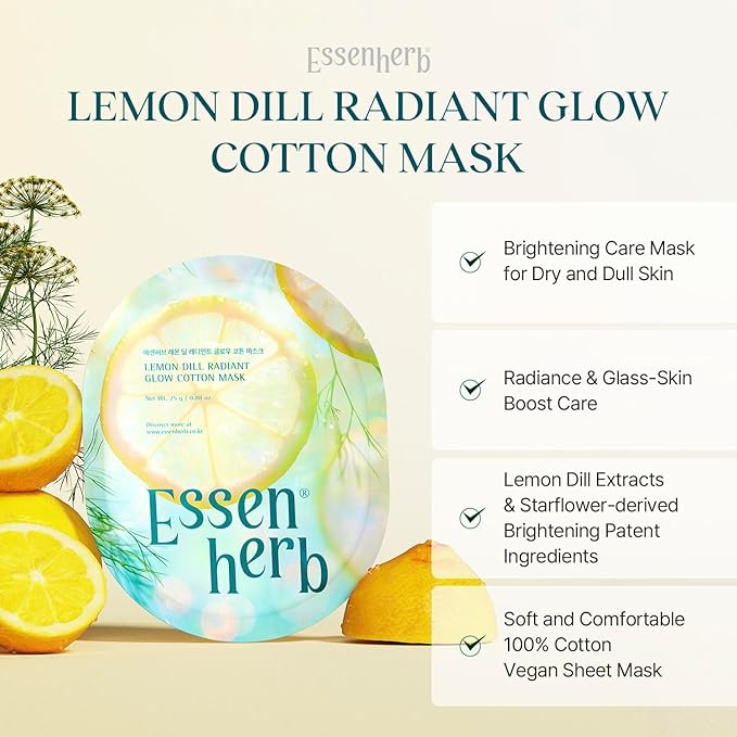 Tea Tree Relief Cotton Mask, Soothing & Hydrating, Vegan, Korean Skin Care Face Mask 23g*5sheets (Lemon Dill)