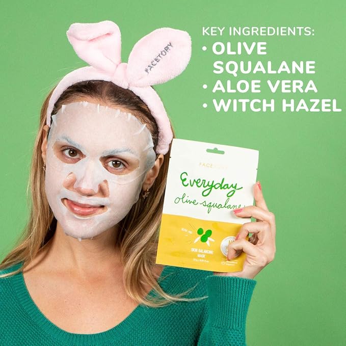 FACETORY K Beauty Face Mask Skin Care - Everyday OLIVE Skin Balancing Sheet Mask | Plant-Based with Squalane Oil (5 Pack)