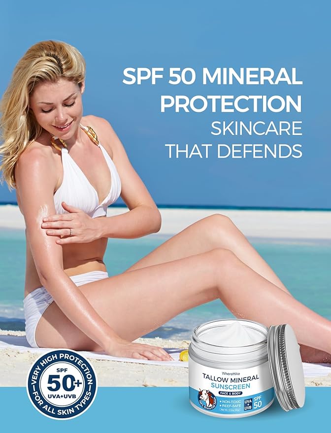 Stilip Organic Beef Tallow Sunscreen-SPF 50 with Zinc Oxide,Non-Toxic 2-in-1 Moisturizer & Mineral Sunblock | Reef Safe, Chemical-Free,Lightweight, Clean Formula for Sensitive Skin Natural Sunscreen.