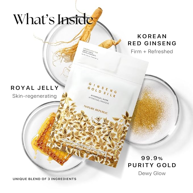 Nature Republic 2-Step Ginseng Gold Silk Hydrogel face Mask, Hydrating Overnight gold mask, Ginseng Niacinamide & Silk Amino Acid,Royal Jelly Extract, Korean Skin Care 34.5g x4ea