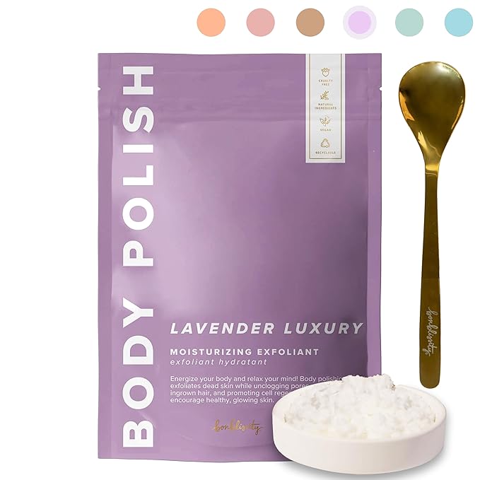Bonblissity Body Polish, 8oz. - Lavender Luxury Scented Body Scrub Exfoliator for Women, Exfoliating Sugar Scrub To Lotion Moisturizer, Gentle Exfoliant for Dry and Sensitive Skin, Handmade in USA