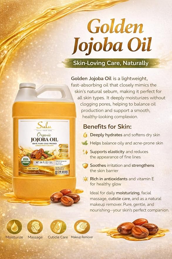 SULU ORGANICS 100% Pure Organic Unrefined Golden Jojoba Oil 16 Oz (Ounces)
