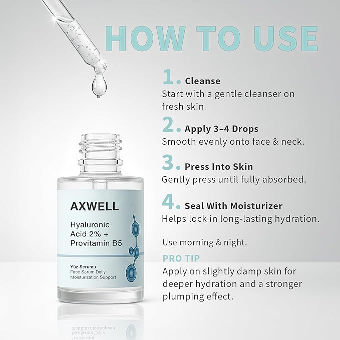 Axwell 2% Pure Hyaluronic Acid Serum for Face with Vitamin B5 – Deep Hydration, Plumping, Anti-Aging Skin Serum for Women & Men, Fragrance Free, 1.01 fl oz