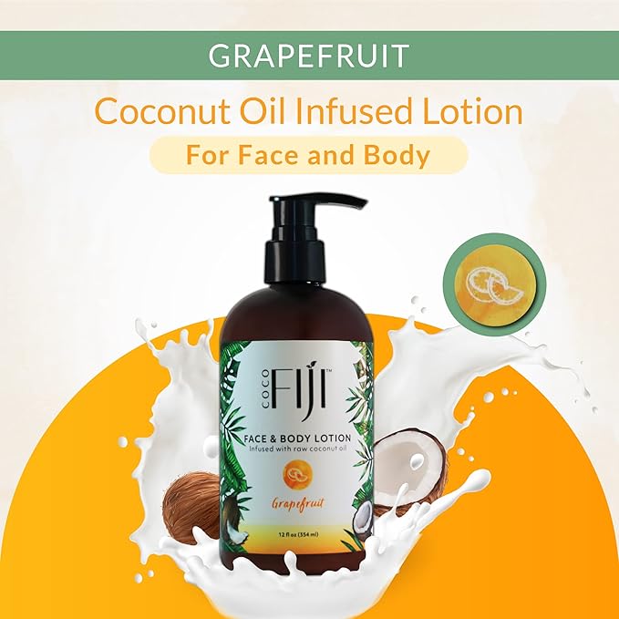 Coco Fiji Face & Body Lotion Infused With Coconut Oil | Lotion for Dry Skin | Moisturizer Face Cream & Massage Lotion for Women & Men |Grapefruit 12 ozPack of 3
