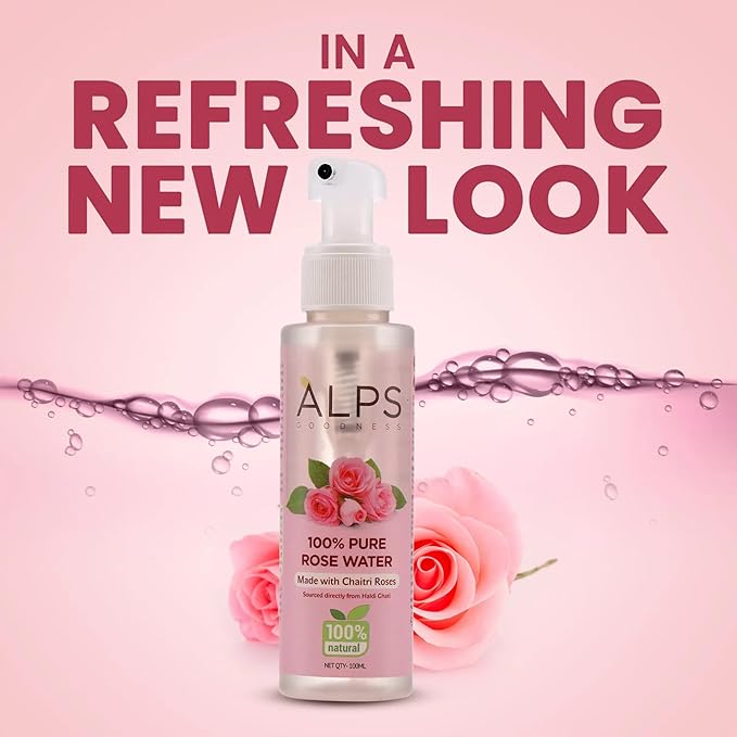 Alps Goodness 100% Pure Rose Water Facial Mist | Natural Face Toner & Hydrating Spray for Dry, Dull Skin | Refreshes, Soothes & Preps Skin | for All Skin Types | 3.38 Fl Oz (100ml)