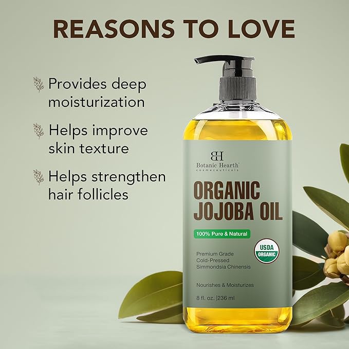 Botanic Hearth USDA Organic Jojoba Oil 8 Fl Oz |100% Pure and Natural- Cold Pressed & Hexane Free Natural Hair Growth Oil for Eyelashes, Eyebrows, Skin, Body, Face, Nails & Scalp