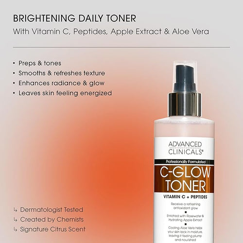 Advanced Clinicals Vitamin C Glow Facial Mist Toner for Face W/Rosewater, Ferulic Acid, & Peptides. Vitamin C Antioxidant Moisturizer Face Mist Provides Instant Skin Hydration, Non-Greasy, 8 Fl Oz
