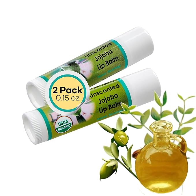 | USDA Organic Unscented Lip Balm – 70% Jojoba Oil with Beeswax – Fragrance-Free, Gentle Formula for Sensitive Lips – 2-Pack (0.15 oz / 4.6 g Each)