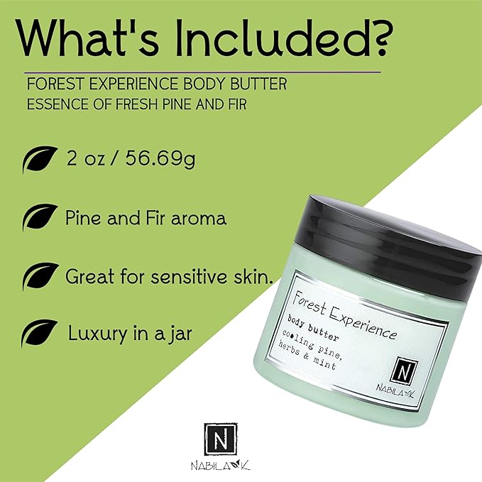 Nabila K Body Butter - Daily Moisturizer for Body Care - Skin Hydrating Deep Moisturizing - Natural Ingredients - Forest Experience - 2 oz