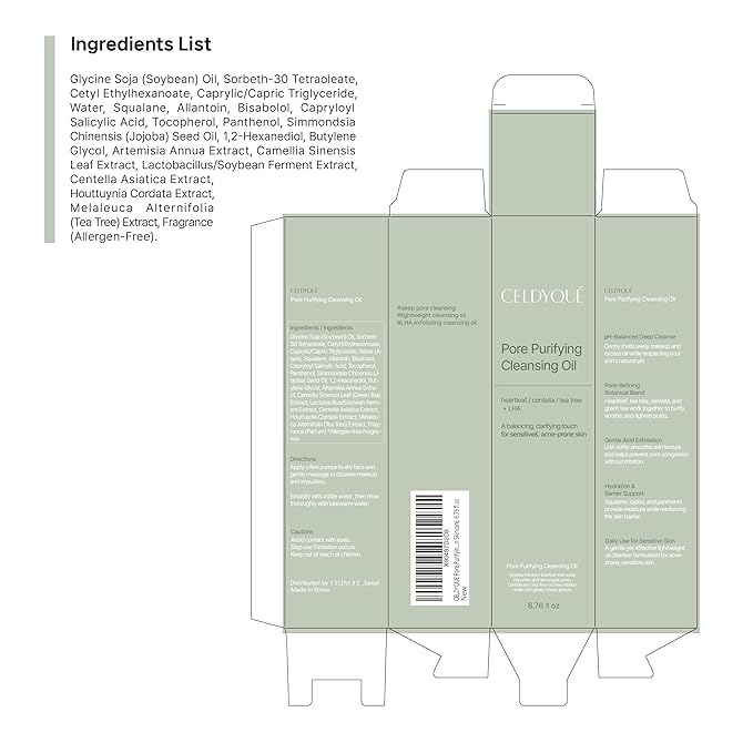CELDYQUE Pore Purifying Cleansing Oil – Korean Face Wash with Centella, Tea Tree, Green Tea & LHA – Gentle Makeup Remover for Sensitive, Acne-Prone Skin, Deep Pore Cleanser, 6.76 fl oz
