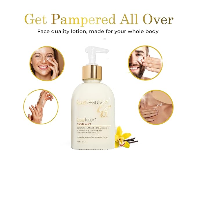 Luxe Beauty Non Greasy & Hyaluronic Acid Moisturizer for Face, Neck & Hands – Anti Aging & Non Toxic Body Lotion - Vanilla Lotion w/Silicone-Free, Organic & Plant-Based Ingredients