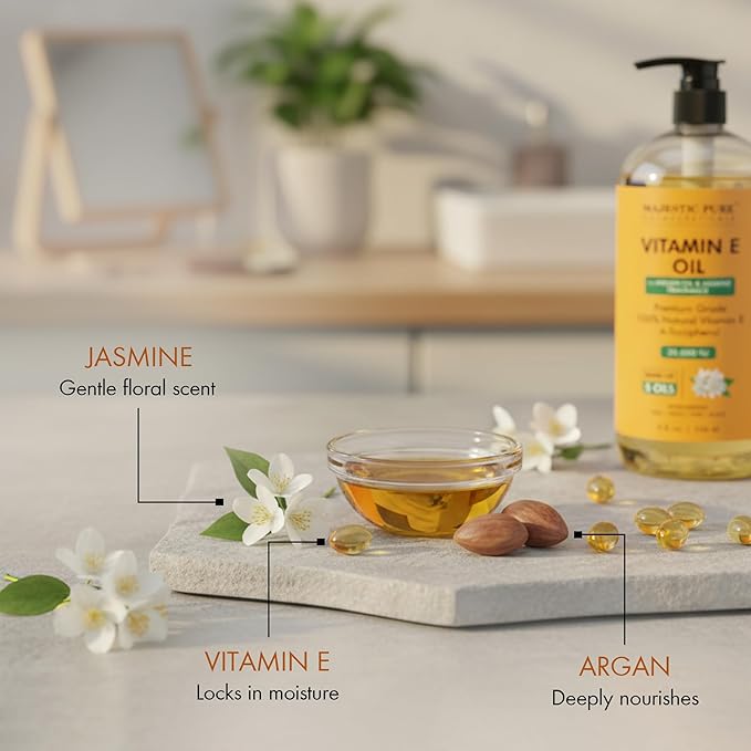Majestic Pure Vitamin E Oil with Argan 8 Fl Oz - Jasmine fragrance - 100% Pure and Natural- Cold Pressed & Hexane Free Natural Hair Growth Oil for Eyelashes, Eyebrows, Skin, Body, Face, Nails & Scalp