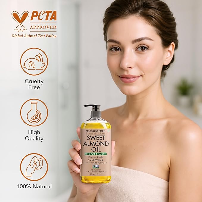 Majestic Pure Sweet Almond Oil 8 Fl Oz - 100% Pure and Natural- Cold Pressed & Hexane Free Natural Hair Growth Oil for Eyelashes, Eyebrows, Skin, Body, Face, Nails & Scalp