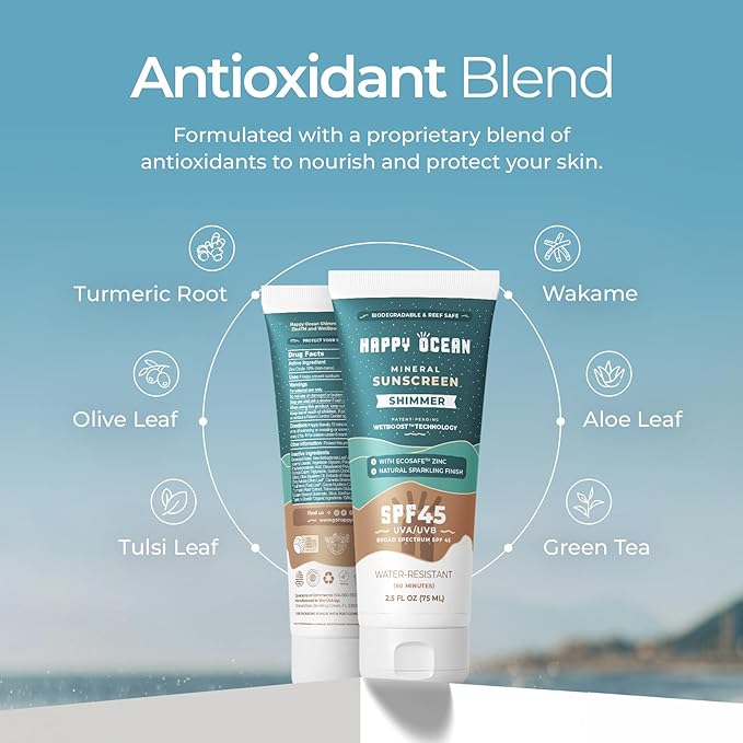Happy Ocean Shimmer Sunscreen SPF 45, Mineral Body Glow with Glitter – Reef Safe Zinc Oxide, Radiant Finish, Face & Body