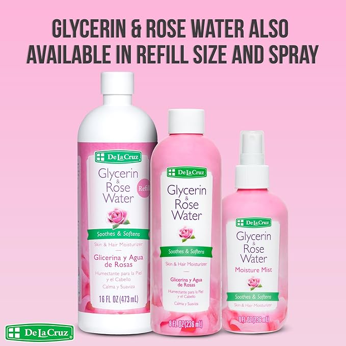 De La Cruz Rose Water and Glycerin for Face - Rosewater Facial Toner and Moisturizer for Skin and Hair 8 fl oz (236 mL) - 2 Bottles