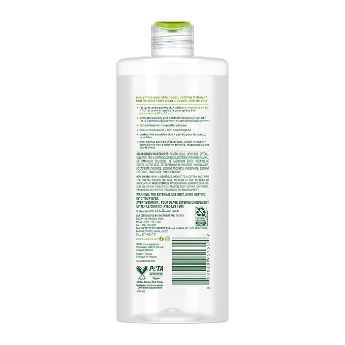 Simple Kind To Skin Micellar Water - Makeup Remover and Facial Cleanser - Face Cleanser with Pro-Vitamin B5, B3 and C - Vegan, No Perfumes - 4 pc