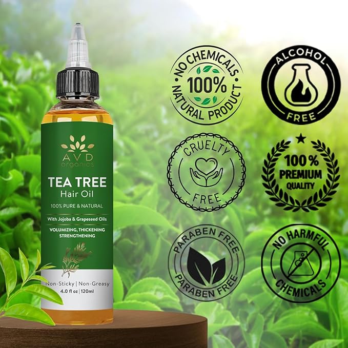 AVD Organics Tea Tree Oil for Hair & Scalp 120 ML | 100% Pure and Natural Tea Tree Hair Oil | Soothes Itchy Scalp | Moisturize Skin Strengthen Hair | Ideal for Both Men and Women | 4 fl oz