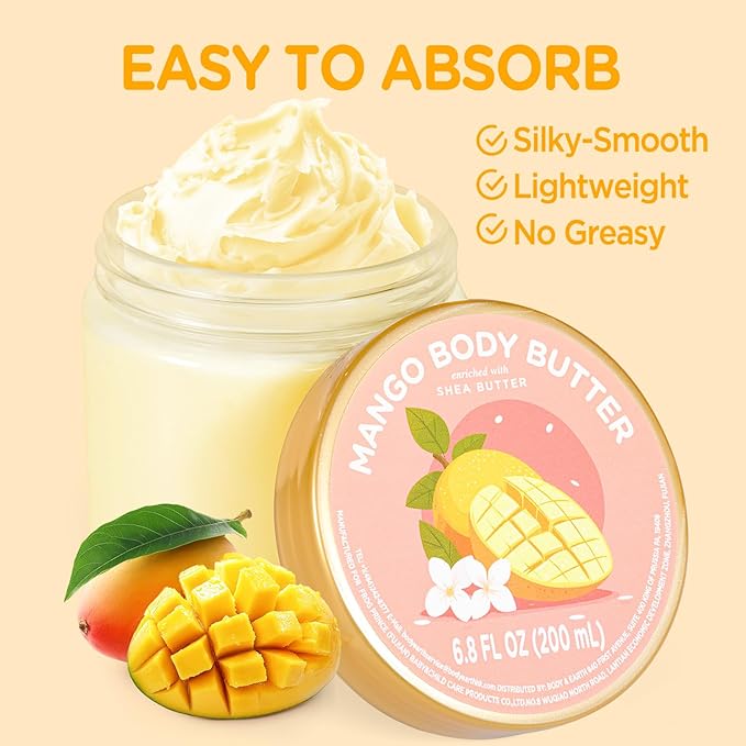 Mango Body Butter, Mango Shea Butter for Dry Skin, Womens and Mens Body Care, Natural Shea Butter for Deep Moisturizing and Hydrating