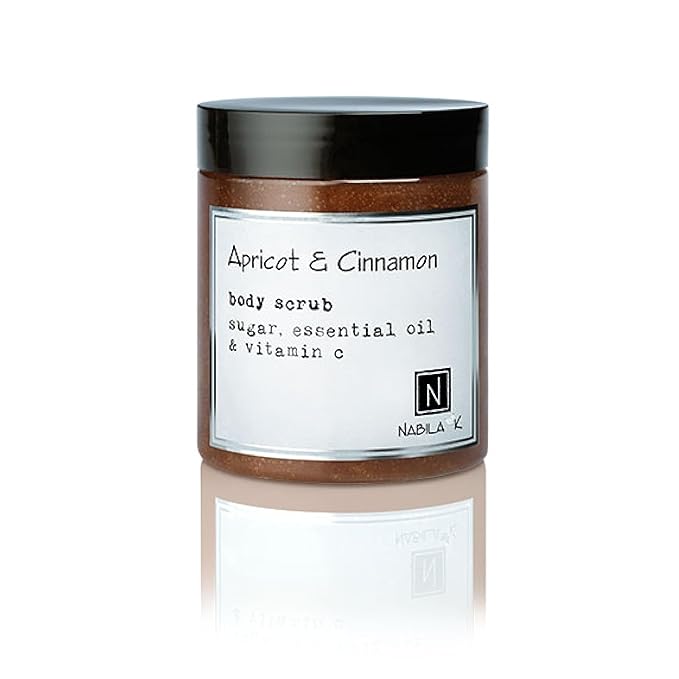 Apricot & Cinnamon Body Scrub Made in USA with Essential Oil and Vitamin C by Nabila K - Exfoliate and Moisturize for Smooth Skin - Luxury for Women & Men, 10 oz