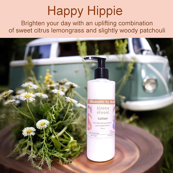 Blossom to Bath Happy Hippie Lotion (8 Ounce) - Pure Essential Oil Fragrance - Absorbs Quickly with a Sweet Happy Herbal Scent