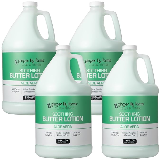 Ginger Lily Farms Club & Fitness Soothing Butter Lotion for Dry Skin, 100% Vegan & Cruelty-Free, Aloe Vera Scent, 1 Gallon (Pack of 4)