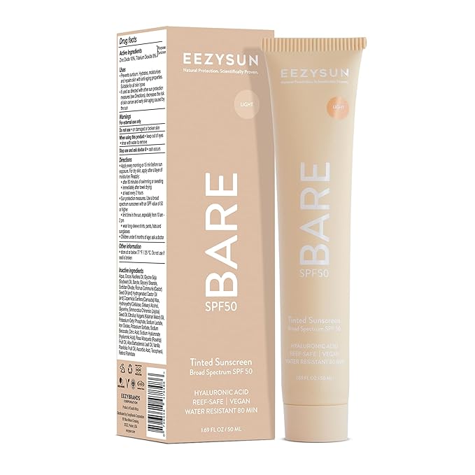 EEZYSUN BARE Tinted Sunscreen for Face SPF 50 - Non-Greasy, Weightless, Water-Resistant, Vegan & Reef-Safe Tinted Moisturizer with SPF, Hyaluronic Acid, Jojoba Oil - All Skin Types, 1.69 fl oz - Light
