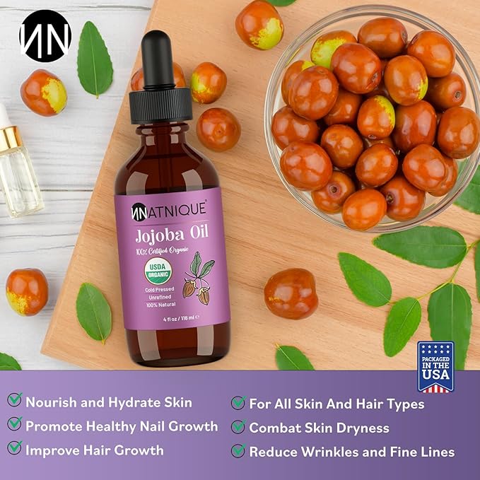 Natnique Organic Jojoba Oil – USDA Certified, Cold Pressed, Unrefined & Hexane-Free – Pure Moisturizer for Hair, Face, Skin, Beard, Scalp, Nails & Cuticles – Natural Care (4 Oz)