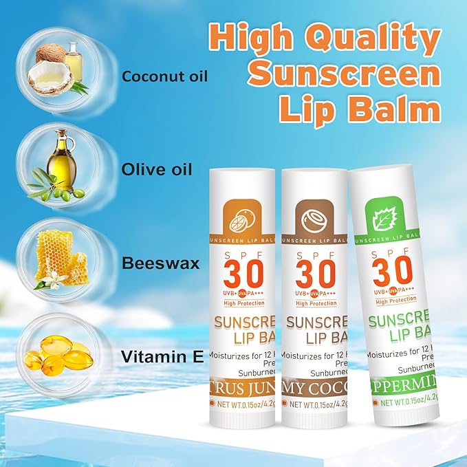 VISRIE SPF 30 Lip Balm with Sunscreen, 8 Pack - 8 Flavors, Hydrating Lip Balm with Vitamin E and Coconut Oil