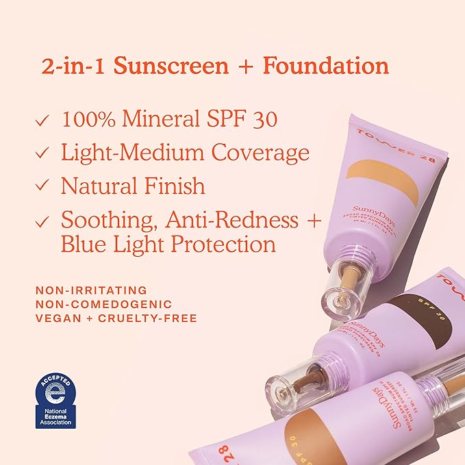 Tower 28 SunnyDays SPF 30 Tinted Moisturizer - 2-in-1 Buildable Coverage Foundation + Mineral Sunscreen for Face - Zinc Oxide, Aloe & Prickly Pear for Sensitive Skin - 13 Light/Neutral (1 oz)