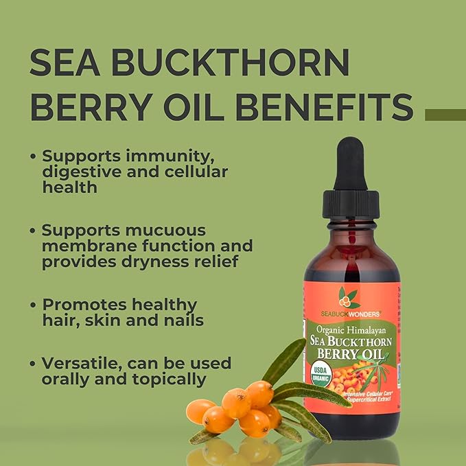 SeabuckWonders Organic Sea Buckthorn Berry Oil, 1.76 Fl Oz, 52 Servings, with Omega 3,6,7,9, Used Topically & Orally, Supports Hair, Skin & Nail Health