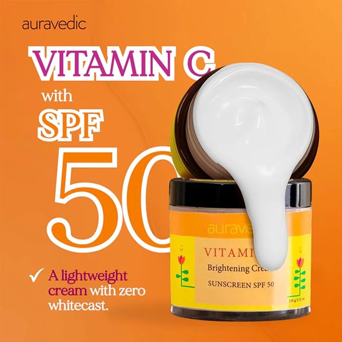 Auravedic Vitamin C Face Cream with SPF 50 for Glowing Skin | Reduces Sun Damage & Revives Dull Skin | Organic Hydration | Argan & Avocado Oil Infused Sunscreen Moisturizer | 3.53 Oz (100g)