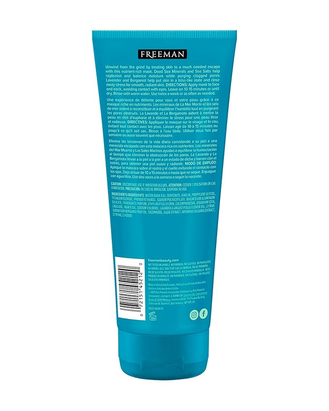 FREEMAN Dead Sea Minerals Anti-Stress Clay Facial Mask, Hydrating & Clarifying, Clears Pores, Face Mask With Lavender & Bergamot For Radiant Skin, Skin Types, 6 fl. oz./175 mL Tube (Pack of 2)