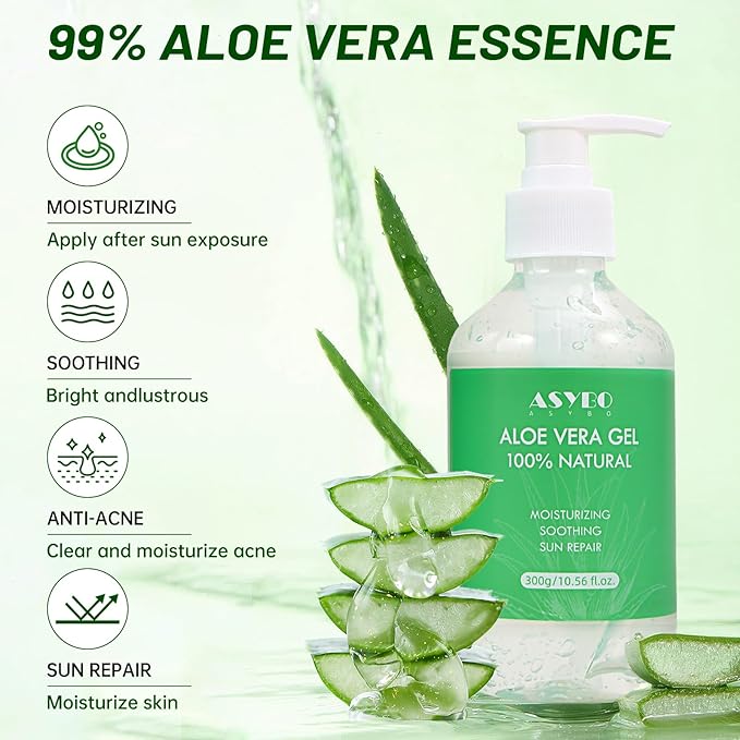 Aloe Vera Gel 300 ml – 100% Natural Pure Aloe Vera for Face Body Hair, Soothing and Nourishing Moisturising Aloe Cream for Dry Skin, Sunburn, Acne, After Sun Lotion