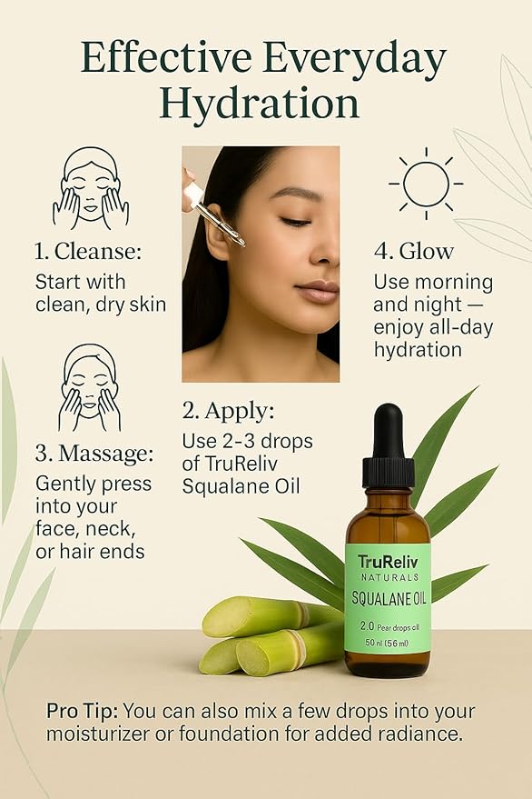 Squalane 100% Pure Plant Derived Face Oil 2 Fl Oz All Natural, Hydrates Nourish Moisturize Skin Face Body and Hair for All Skin Types