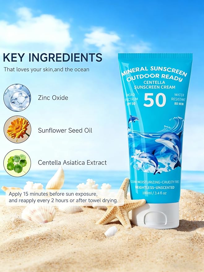 Reef Safe Sunscreen SPF 50, Travel Size Zinc Oxide Mineral Sunscreen, Natural Organic Centella Extract, Lightweight No White Cast, Non-Greasy, For Women & Men, Outdoor Beach Home Office Daily Use, 2PC