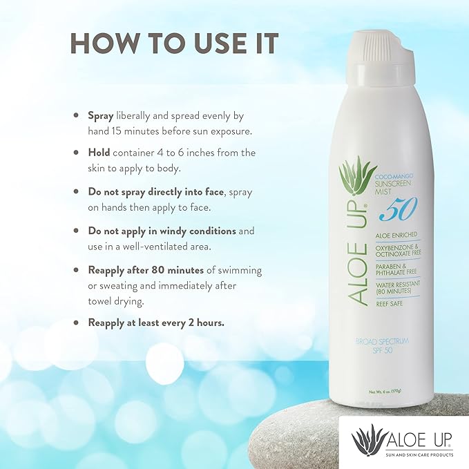 Aloe Up White Collection SPF 50 Sunscreen Spray Mist for Face & Body with Aloe Vera Gel, Water Resistant up to 80 Minutes, Reef Friendly, Non Greasy, Fast Absorbing, Coco Mango 5.5 oz