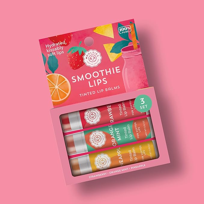 Tinted Lip Balm Set: All-Natural Shea Butter, Beeswax, Coconut Oil, Vitamin E Infused Lip Moisturizer Care Treatment (3 Pack, Smoothie Lips)