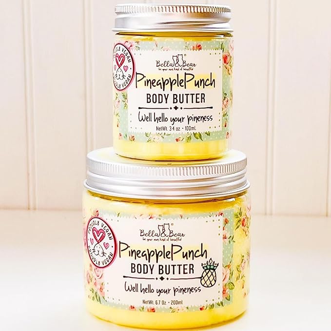 Bella & Bear Pineapple Whipped Body Butter – Vegan Moisturizing Body Cream for Women – Rich Hydrating Skin Butter – Light Tropical Pineapple Scent
