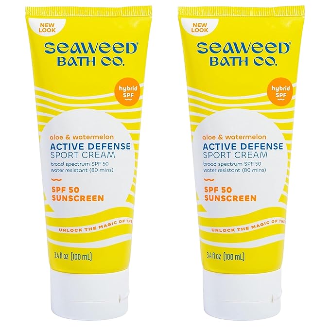 Seaweed Bath Co. Active Sport Defense Cream SPF 50 - Broad Spectrum Hybrid Sunscreen with Zinc Oxide, Aloe & Watermelon - Water Resistant Face and Body Daily Sunblock, 3.4 Ounce (Pack of 2)