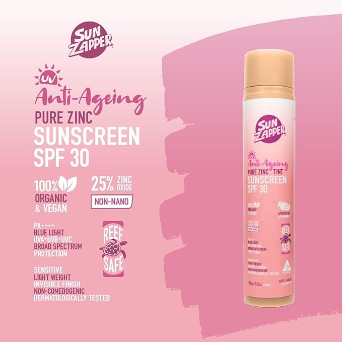 Sun Zapper Anti-Aging Pure Zinc Sunscreen SPF 30 Tinted – Organic Mineral Face Sunscreen, 25% Non-Nano Zinc Oxide, Reef Safe, Vegan, Broad Spectrum PA++++, 100g (3.5 oz) Pump, Australian Made