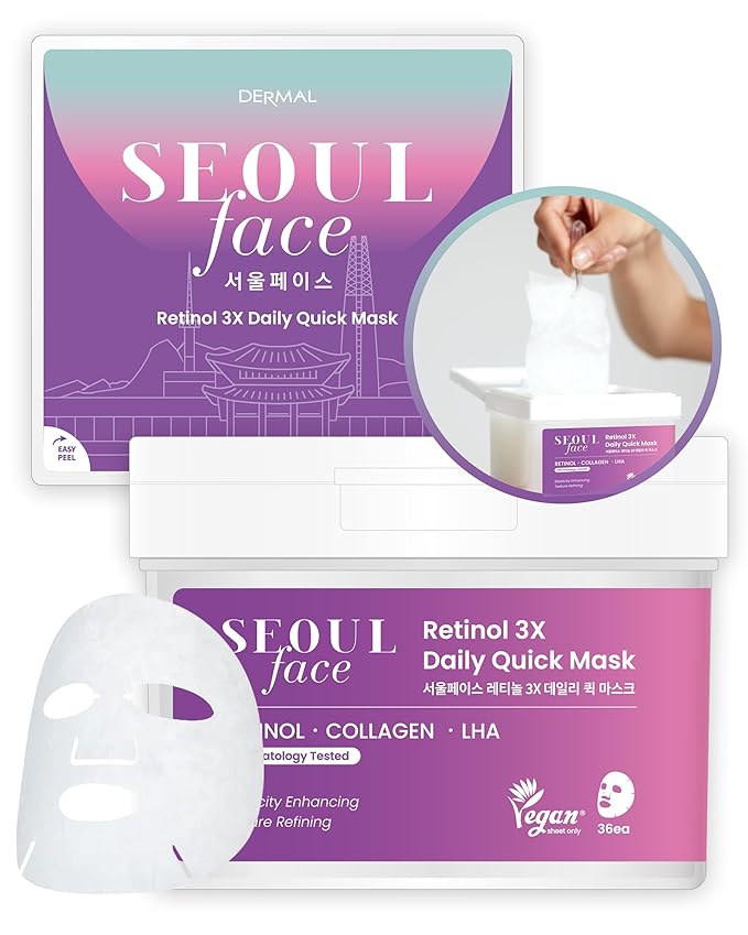 DERMAL Seoul Face Retinol + LHA Daily Quick Sheet Mask, 36 Count Pull-Out Dispenser Box with Tweezers, Pore & Wrinkle Care, Collagen + Peptides, Vegan Tencel