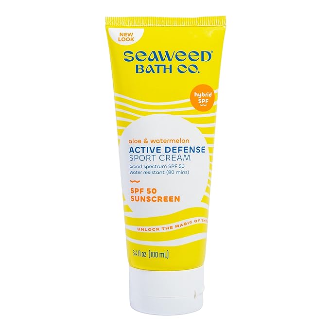 Seaweed Bath Co. Active Sport Defense Cream SPF 50 - Broad Spectrum Hybrid Sunscreen with Zinc Oxide, Aloe & Watermelon - Water Resistant Face and Body Daily Sunblock, 3.4 Ounce