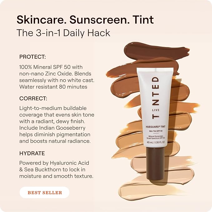 Live Tinted Hueguard Skin Tint SPF 50 - Tinted Mineral Sunscreen with Light-Medium Buildable Coverage With a Hydrating and Radiant Finish - Water and Sweat Resistant, 1.35 fl oz - Shade 01