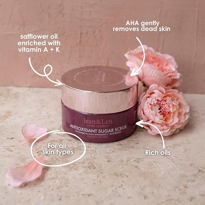 Jean & Len Antioxidant Sugar Scrub Peony & Lychee, for a fragrant cleansing experience, with rich oils, minimalistic jar, sugar scrub without parabens & silicones, 8.82 Fl. Oz.