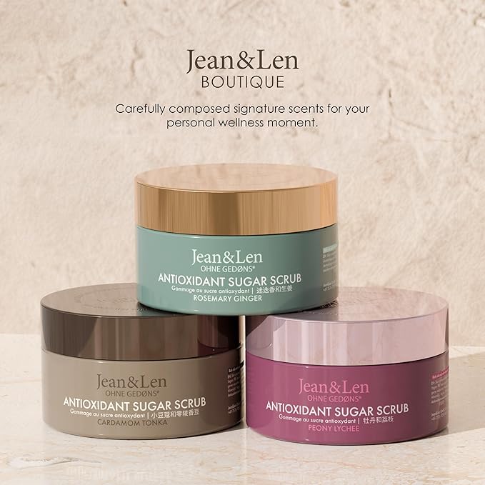 Jean & Len Antioxidant Sugar Scrub Cardamom & Tonka, for a fragrant cleansing experience, with rich oils, minimalistic jar, sugar scrub without parabens & silicones, 6.76 Fl. Oz.