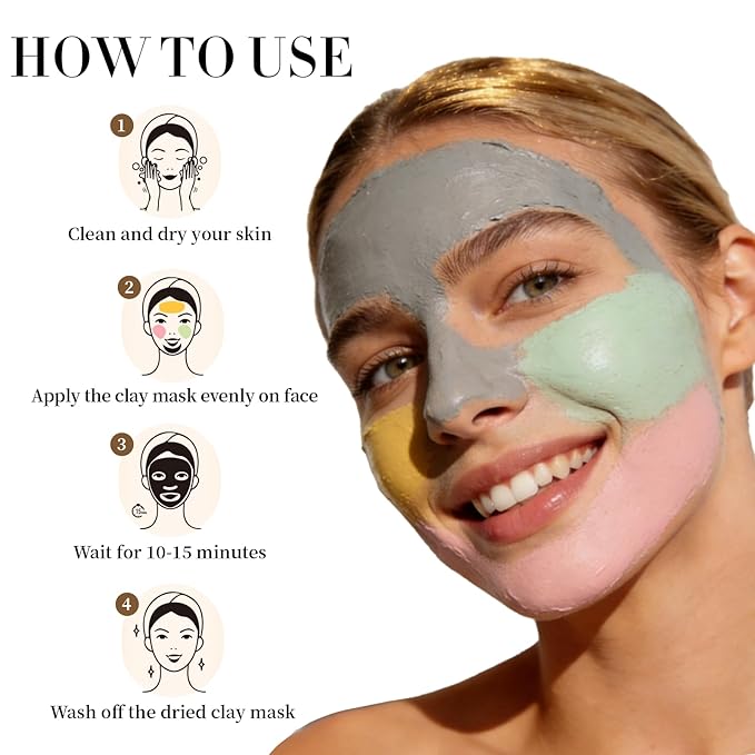 Pjordo 4 Pcs Clay Mask for Face(360g in Total), Turmeric Vitamin C, Dead Sea Mud, Green Tea Avocado, Rose, Face Mask Skincare for Pore Cleansing, Facial Masks for Women Skin Care, 3.17 Oz Each