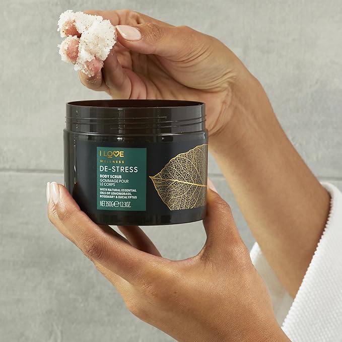 I LOVE Wellness De-Stress Body Scrub - Exfoliating Body Scrub - Sea Salt Shower Scrub - Lemongrass and Eucalyptus Scent with Coconut Oil - 12.3 oz