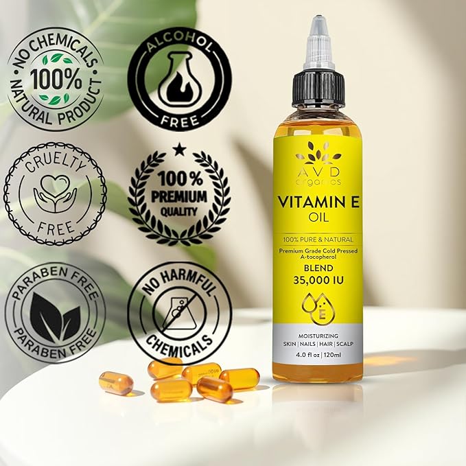AVD ORGANICS Vitamin E Oil for Skin - 100% Pure & Natural, 35,000 IU | Premium Grade, Cold-Pressed and Tocopherol Vit E Oil to Repair Dry, Damaged Skin| Moisturizing, Hair and Scalp 4.05 Fl Oz